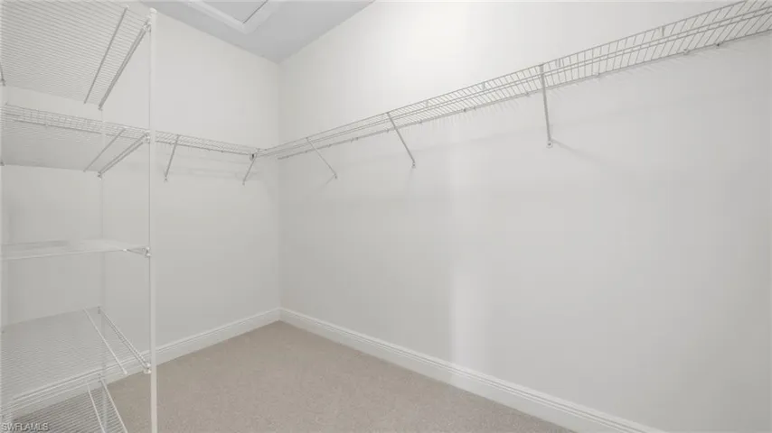 Walk-in closet featuring light-colored carpeting, white baseboards, white walls, and wire shelving system