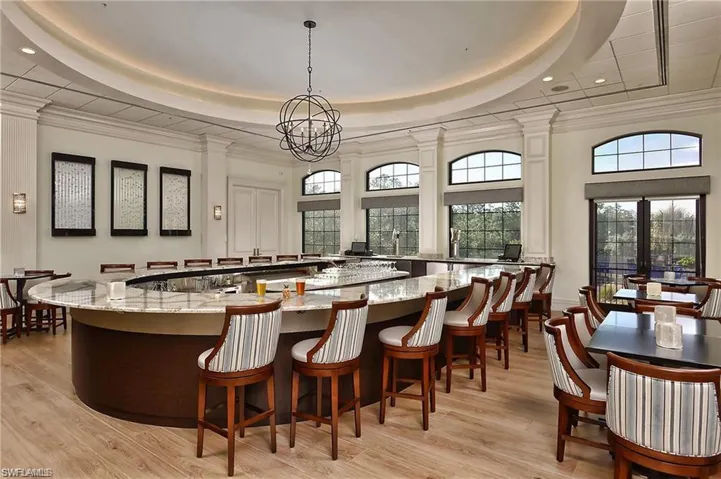 Bar area featuring light stone countertops, crown molding, a chandelier, plenty of natural light, and a raised ceiling