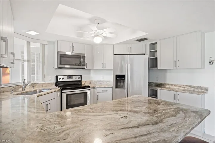 Updated Kitchen with ceiling fan, cabinets, a raised ceiling, sink, and appliances with stainless steel finishes
