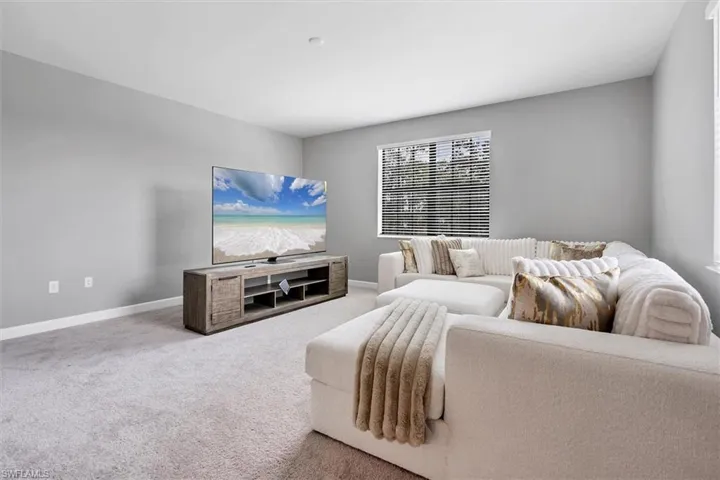 Living room with carpet floors and baseboards