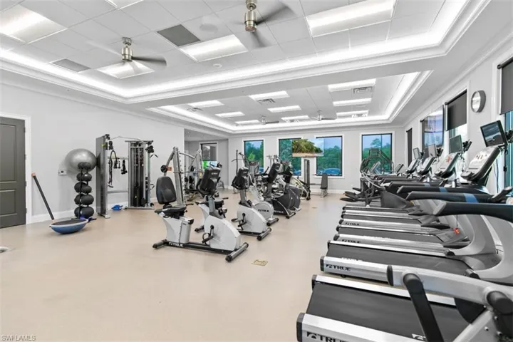Exercise room with ceiling fan, crown molding, and a tray ceiling
