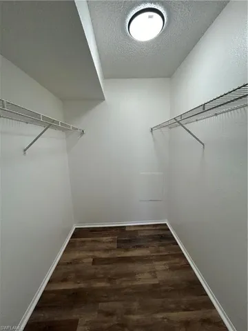 Walk in closet with dark wood-style flooring