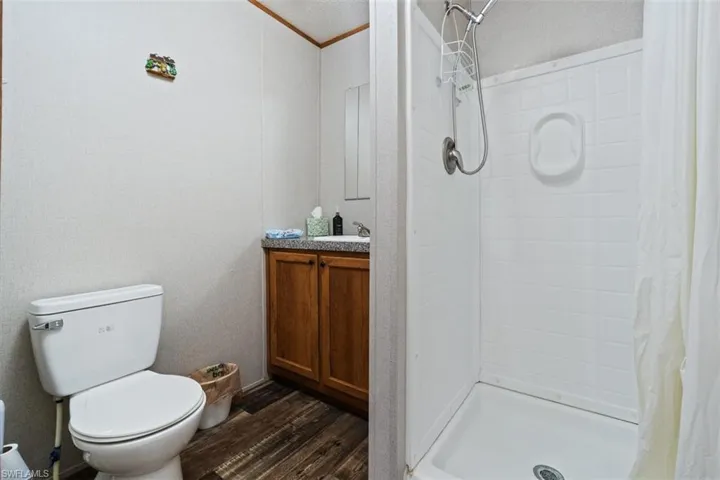 Full bathroom with dark wood-type flooring, a stall shower, and vanity