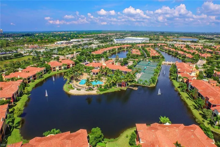 Aerial view of a nearby body of water