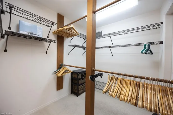 Spacious walk-in closet with carpet flooring