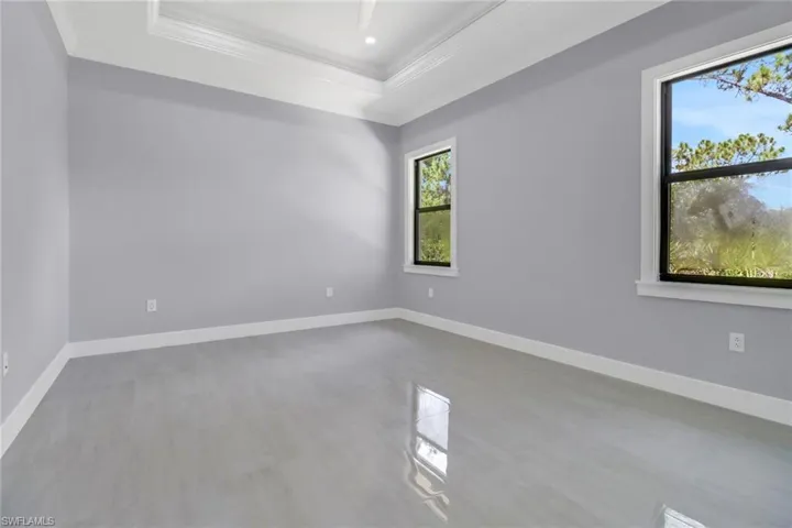 Spare room with crown molding, hardwood / wood-style floors, and a tray ceiling