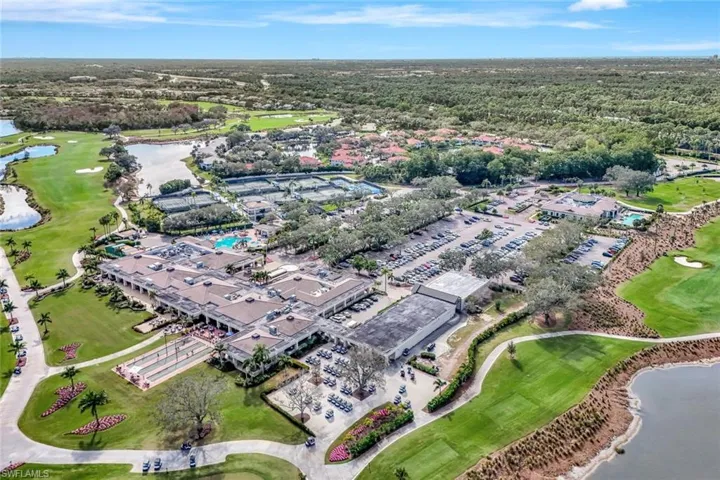 Aerial view of Vineyards CC clubhouse, golf course, bocci, and fitness/spa.