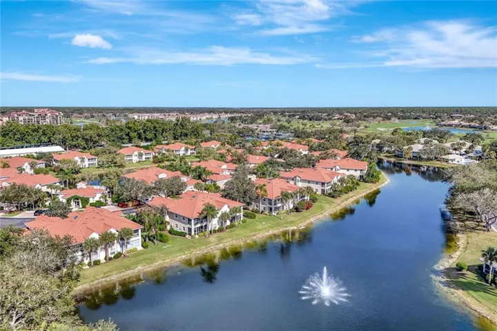 Bird's eye view of a lake and fountain.