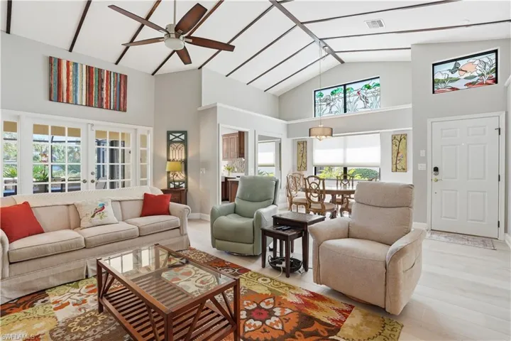 Large great room with vaulted ceilings.