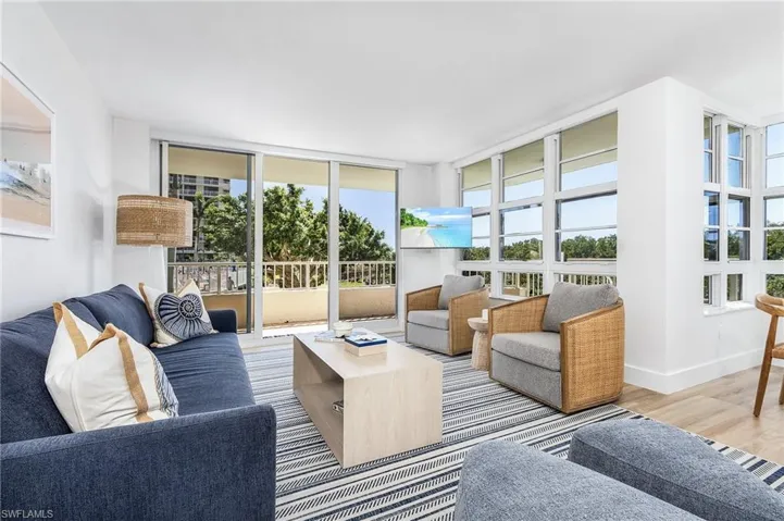 Living room featuring expansive windows and hardwood / wood-style flooring