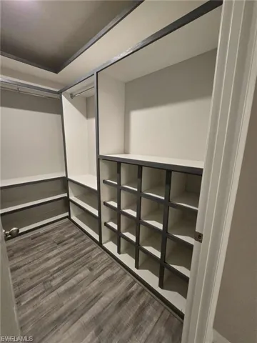 Walk in closet with dark wood finished floors