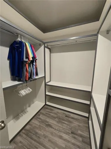 Walk in closet featuring dark wood-style floors