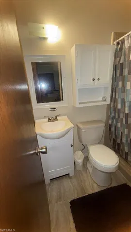 Full bath featuring vanity, a shower with curtain, and light wood-style floors