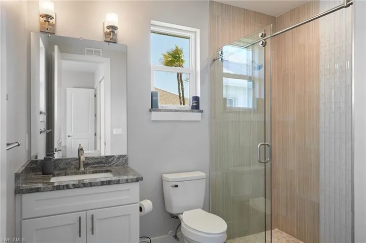 Bathroom with vanity, toilet, visible vents, and a stall shower