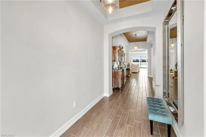Hall with hardwood / wood-style floors and a tray ceiling