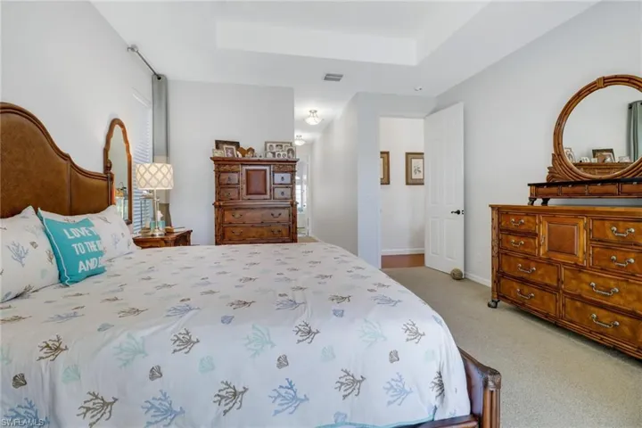 Carpeted bedroom with a raised ceiling