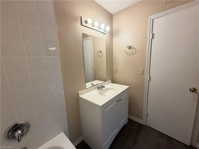 Full bathroom with a textured wall and vanity