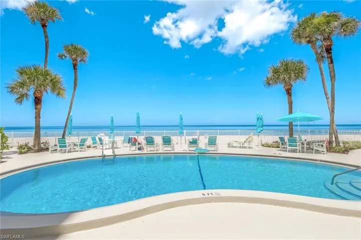 View of pool with a water view and a patio