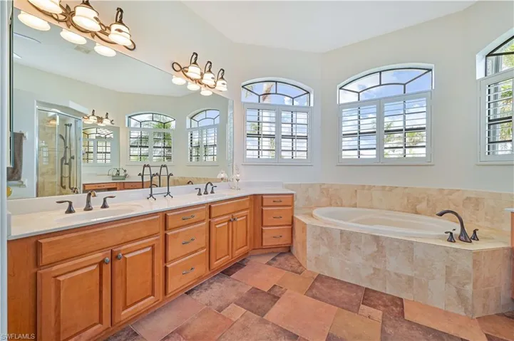 Bathroom with vanity, a healthy amount of sunlight, and separate shower and tub
