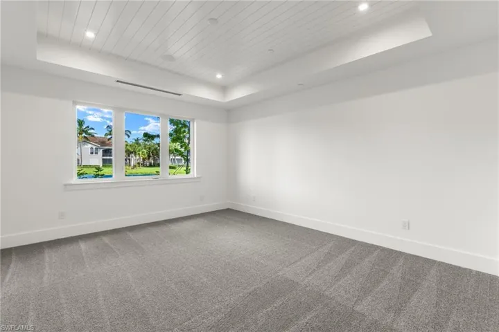 Carpeted spare room featuring a raised ceiling