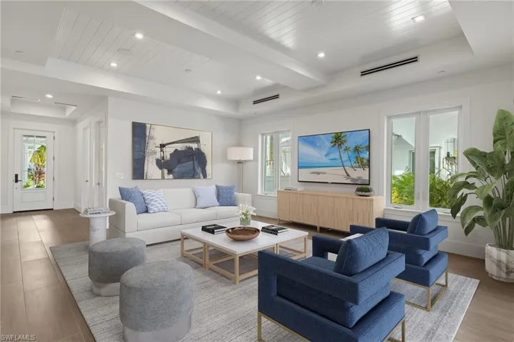 Living room featuring a tray ceiling, a healthy amount of sunlight, and hardwood / wood-style floors