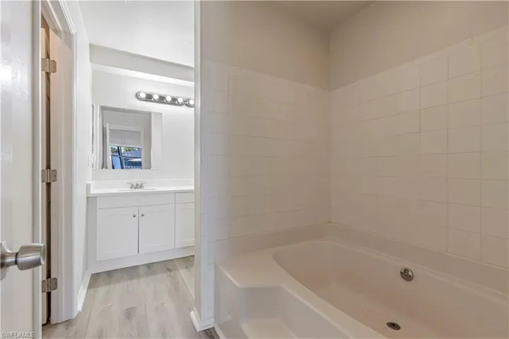 Bathroom with vanity, light wood-style floors, and a tub