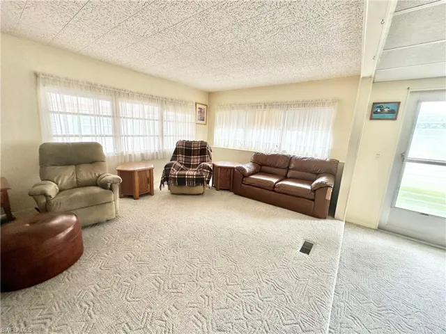 Living room featuring light colored carpet