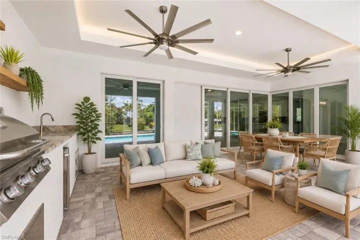 15' deep by 38' long under truss lanai with summer kitchen. Virtual staged
