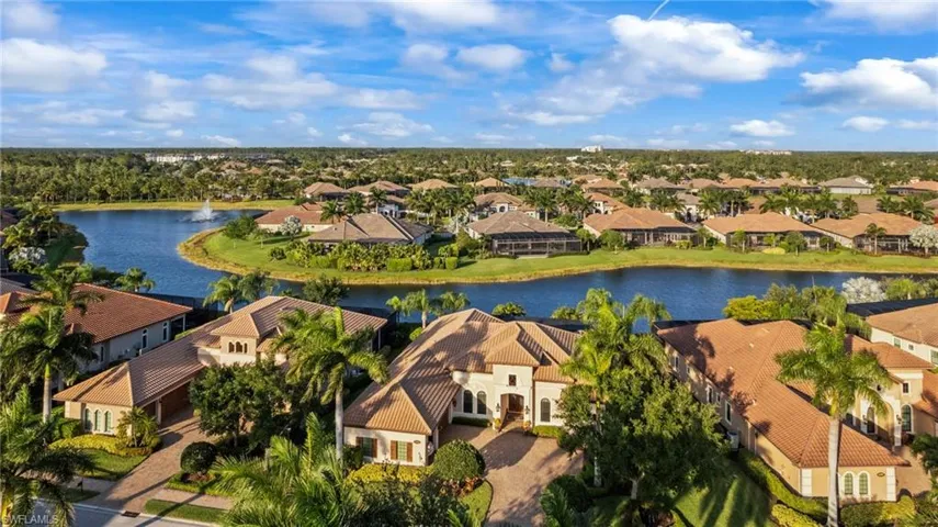 Birds eye view of property with a water view