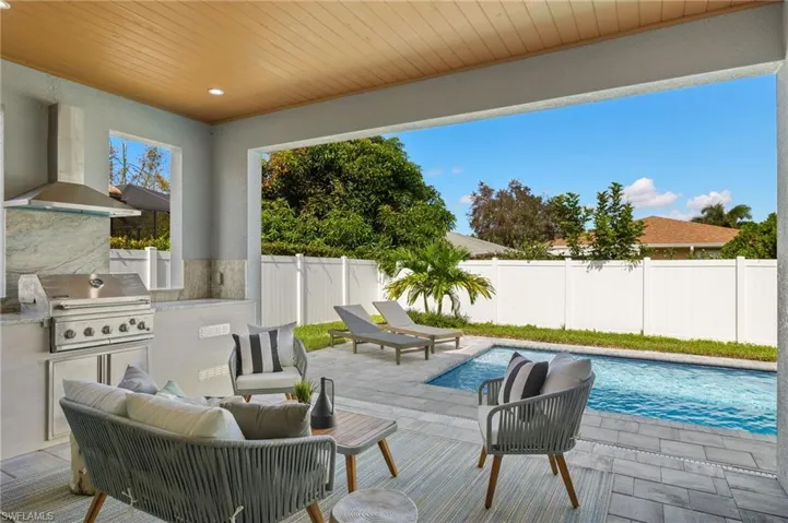 View of patio with an outdoor living space, grilling area, a fenced backyard, a fenced in pool, and exterior kitchen