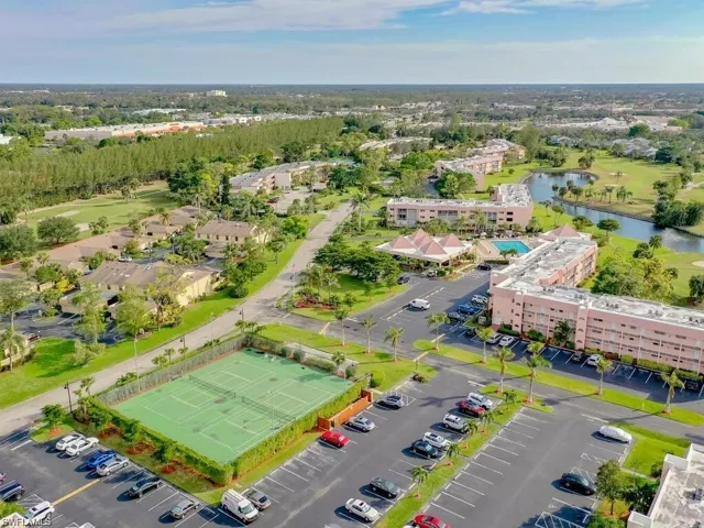 Bird's eye view of a large body of water and apartment complex