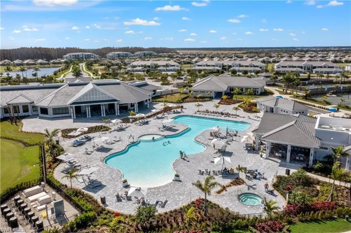 Aerial view of residential area with a pool area