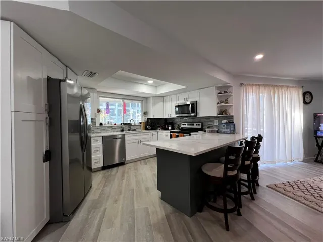 Kitchen featuring kitchen peninsula, sink, a tray ceiling, and stainless-steel appliances