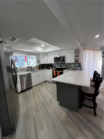 Kitchen with dishwashing machine, fridge, range, and a tray ceiling