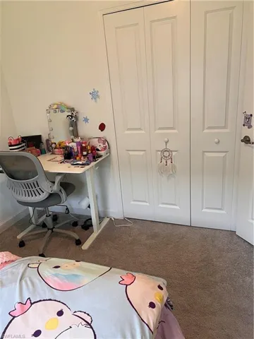 Carpeted bedroom with a desk and a closet