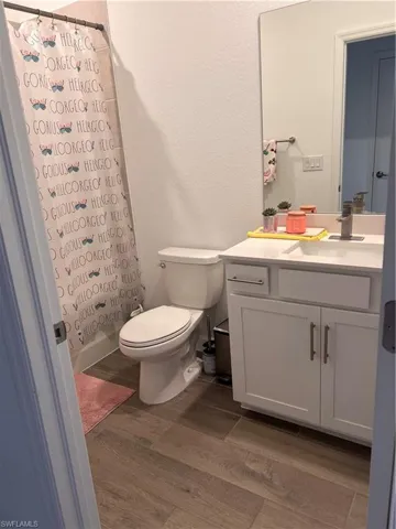 Bathroom with a textured wall, dark wood-type flooring, vanity, and a shower with curtain
