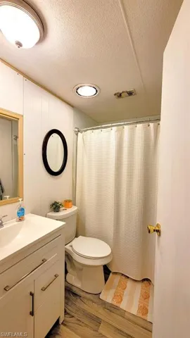 Bathroom with wood-type flooring, toilet, a textured ceiling, and vanity