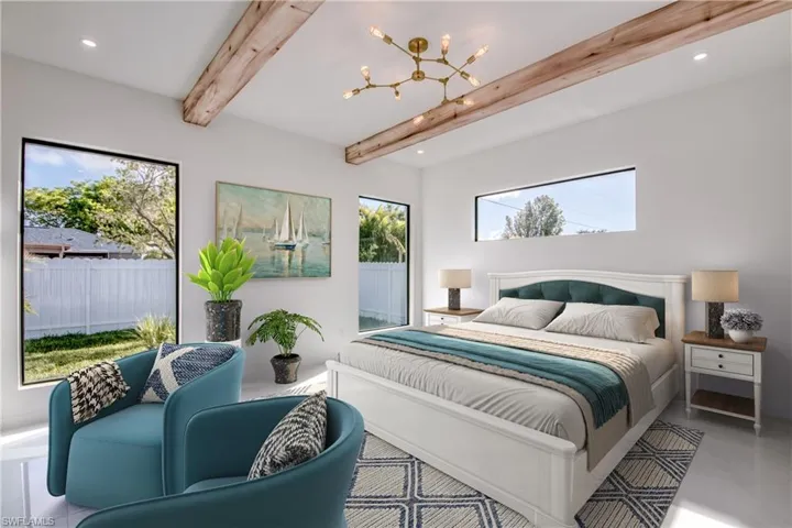 Virtually staged Bedroom featuring beamed ceiling, concrete floors, and a chandelier