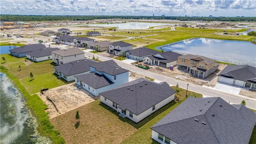 Aerial perspective of suburban area with a nearby body of water