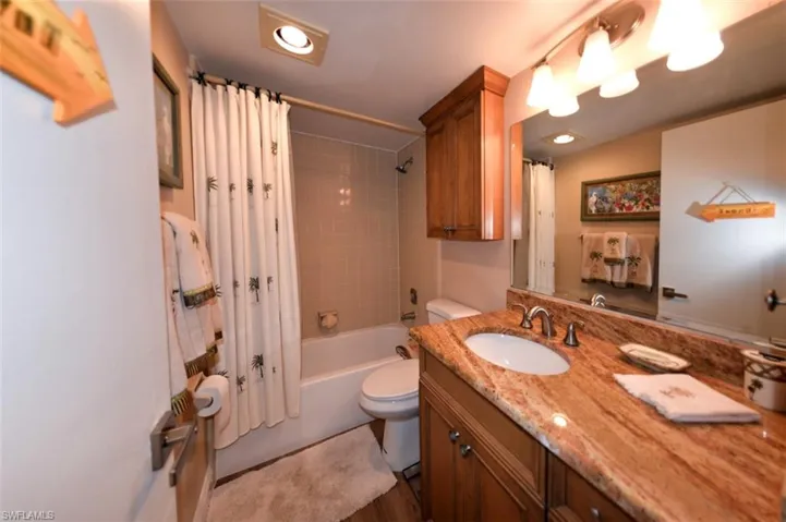 GUEST BATH.  LUXURY VINYL TILE WOOD LOOK PLANK FLOORING.  UPDATED VANITY W/GRANITE COUNTERTOP AND UPDATED LIGHTING.  MATCHING WALL CABINET.