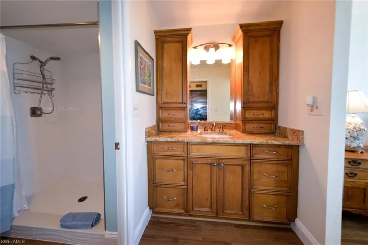 OWNER'S SUITE BATH.  UPDATED VANITY WITH GRANITE COUNTERTOP, STORAGE TOWERS AND UPDATED LIGHTING.  WALK-IN SHOWER.