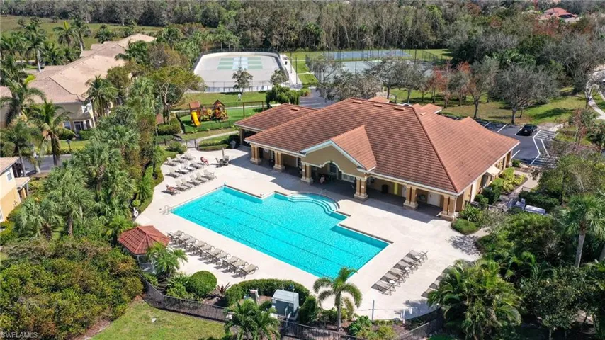 Aerial View of pool featuring a patio