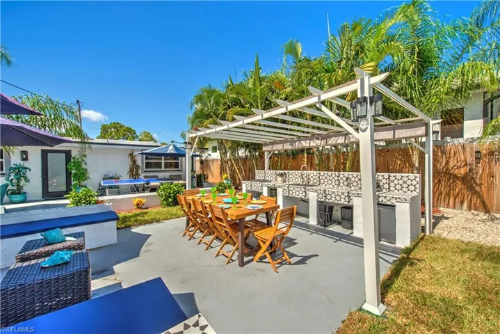 View of patio / terrace with a fenced in pool and a pergola