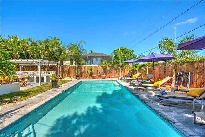 View of pool with exterior bar and a patio