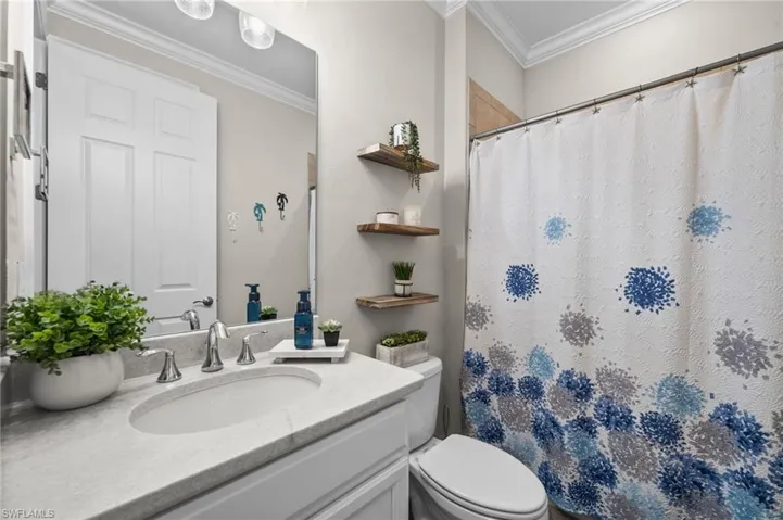Bathroom with crown molding, vanity, toilet, and a shower with shower curtain