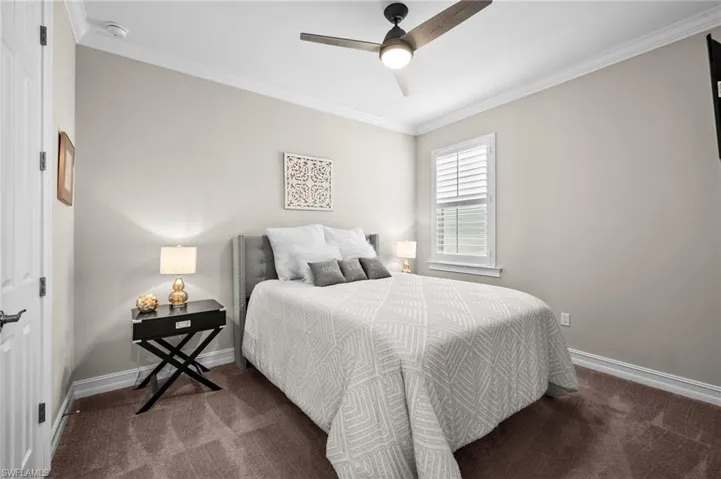 Bedroom featuring crown molding, ceiling fan, and dark carpet