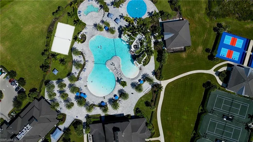 Drone / aerial view of a pool
