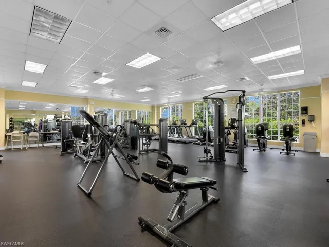 Gym with a paneled ceiling and plenty of natural light