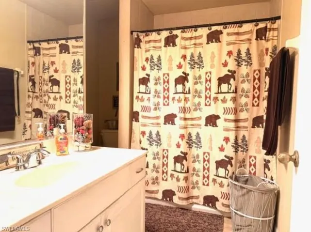 Bathroom with vanity and a shower with shower curtain