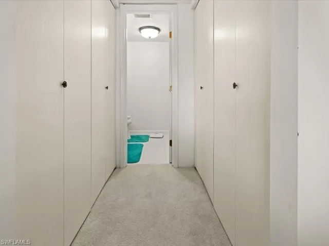 Hallway with light colored carpet